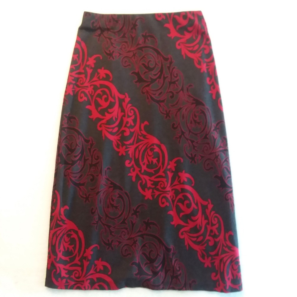 ECI New York Women's Long Skirt Size L Black Red Floral Print Career‎ Party